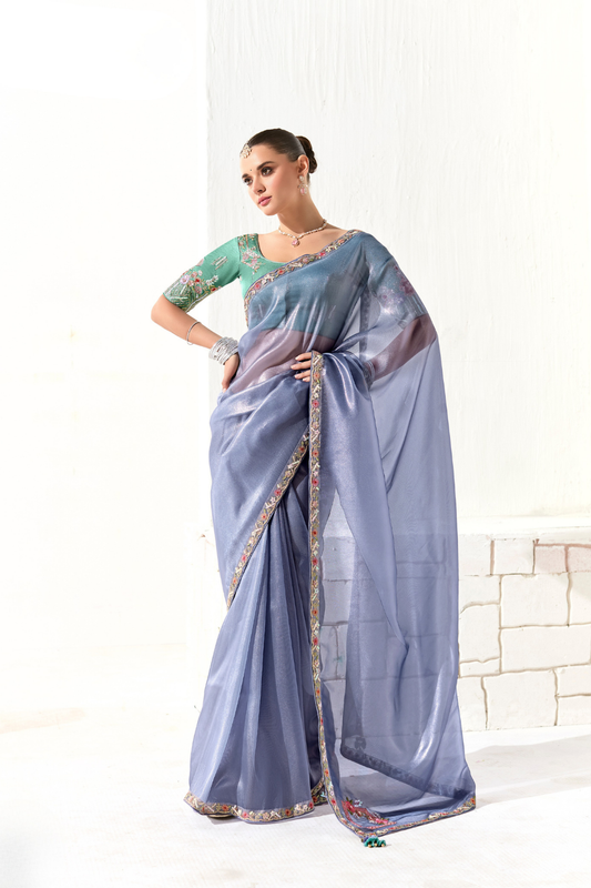 Tissue Silk Saree with Heavy Embroidered Border for Grand Occasions