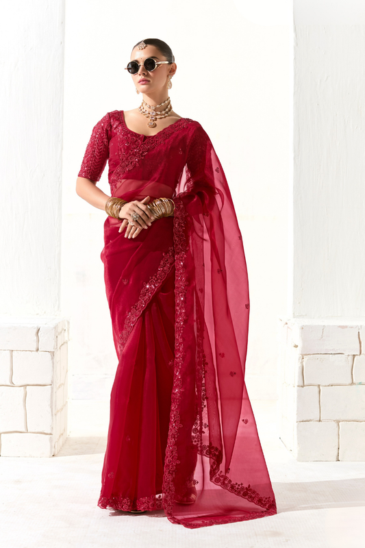 Tissue Silk Saree with Heavy Embroidered Border for Grand Occasions