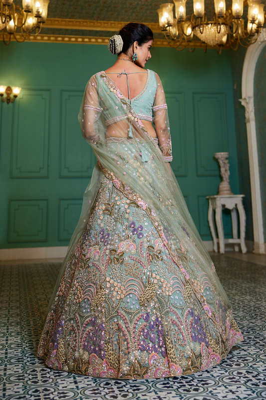Designer Net Lehenga Choli with Coding and Zarkan Embroidery