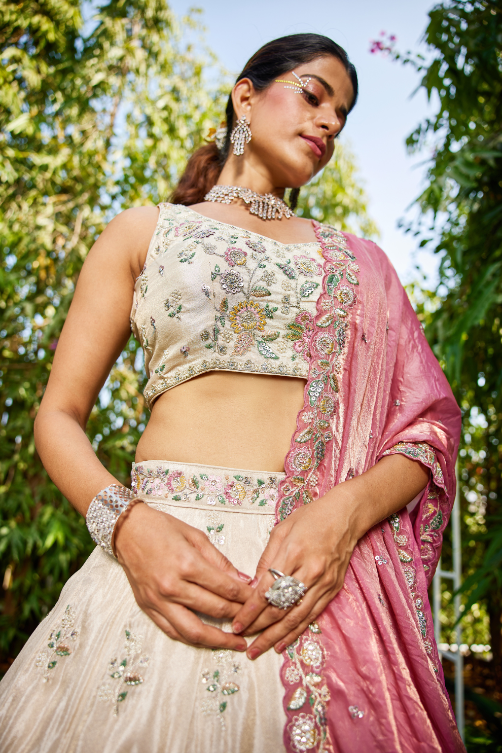 Tissue Semi-Stitched Lehenga Choli with Sequins and Thread Embroidery with Dupatta