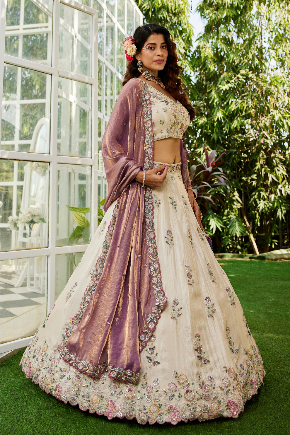Tissue Semi-Stitched Lehenga Choli with Sequins and Thread Embroidery with Dupatta