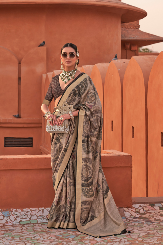 Glossy Finish Saree in Viscose Polyester Silk Fabric Print