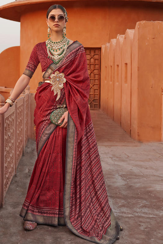 Glossy Finish Saree in Viscose Polyester Silk Fabric Print