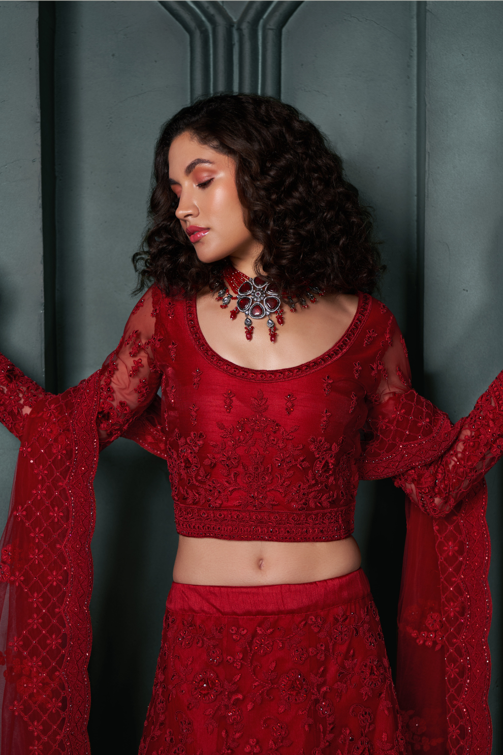 Glamorous Red Embroidered Net Lehenga Choli With Dupatta