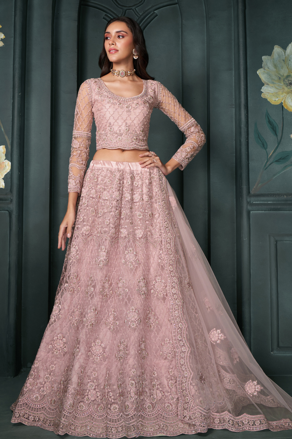 Traditional Dusty Pink Lehenga Choli With Luxurious Embroidery Work