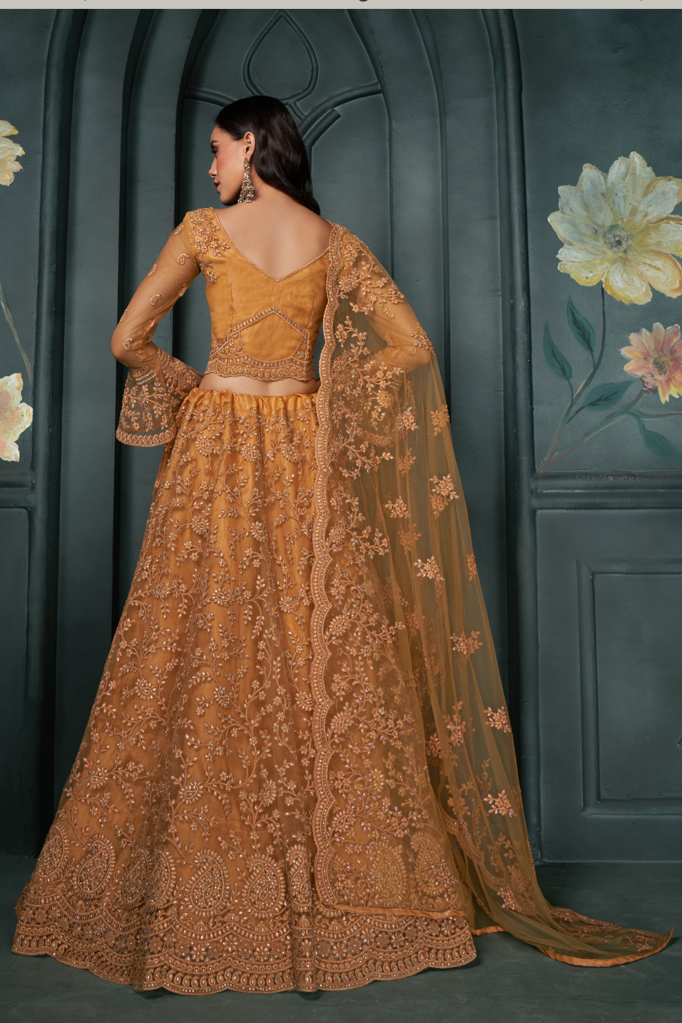 Gold Net Lehenga With Intricate Embroidery For Special Occasions