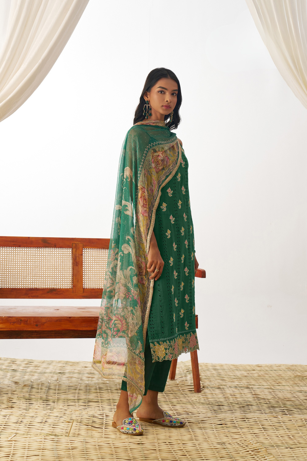 Green Organza Embroidered Kurta-Style Salwar Suit