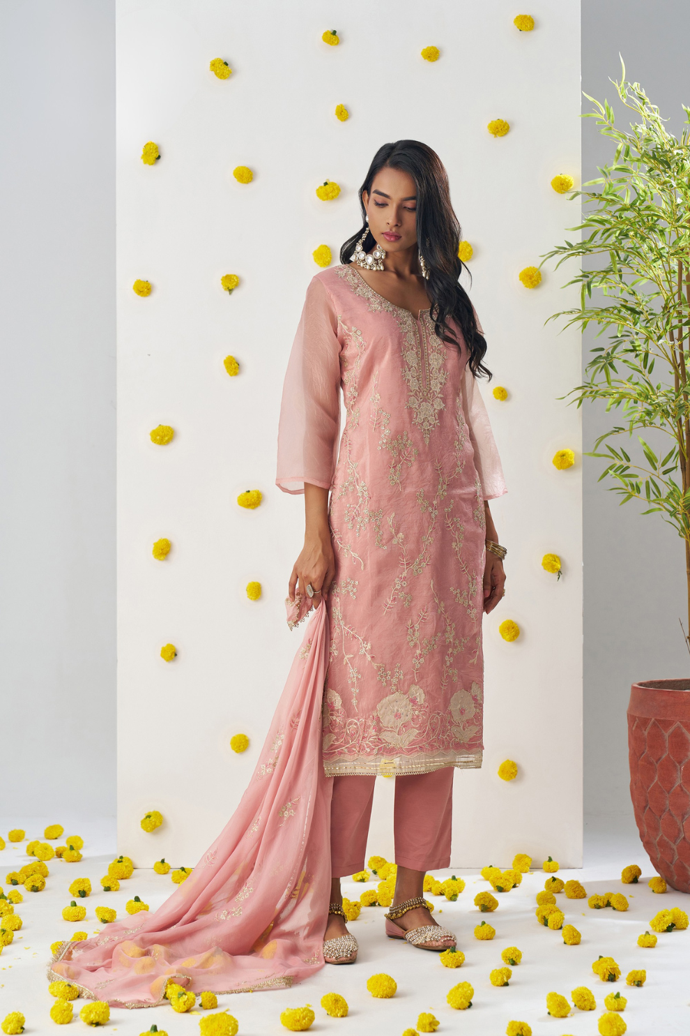Festive Wear Blush Pink Embroidered Pant Suit