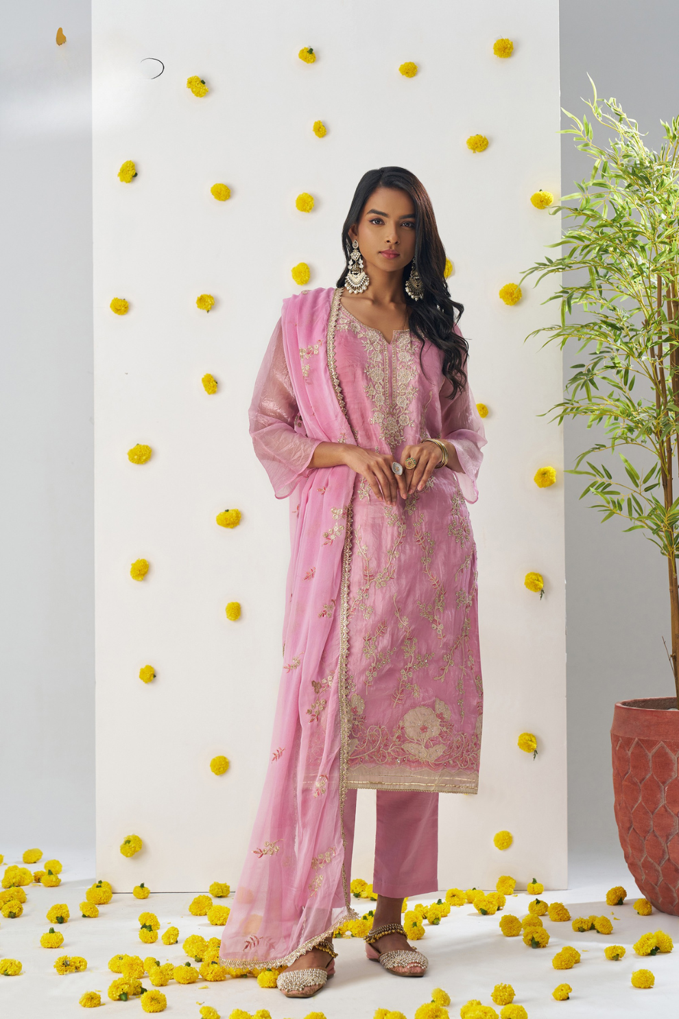 Pink Thread Embroidered Organza Silk Pant Suit for Parties