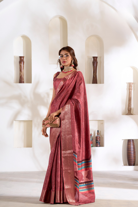 Soft Dola Silk Saree with Foil Print & Dusty Tone Matching - LaVante Fashion