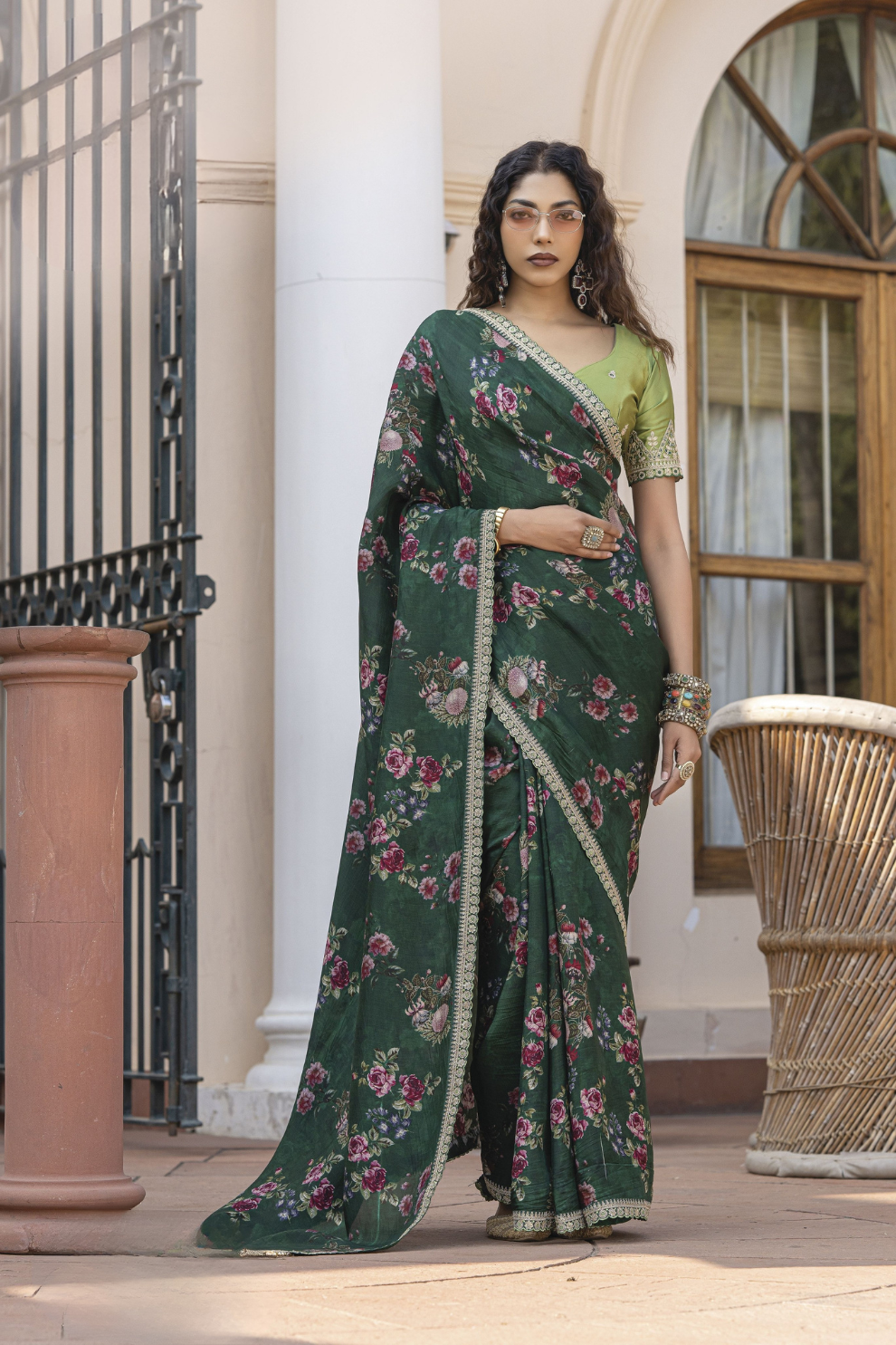 Pure Viscose Dola Silk Saree with Floral Print - LaVante Fashion