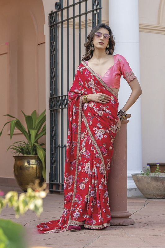 Pure Viscose Dola Silk Saree with Floral Print - LaVante Fashion