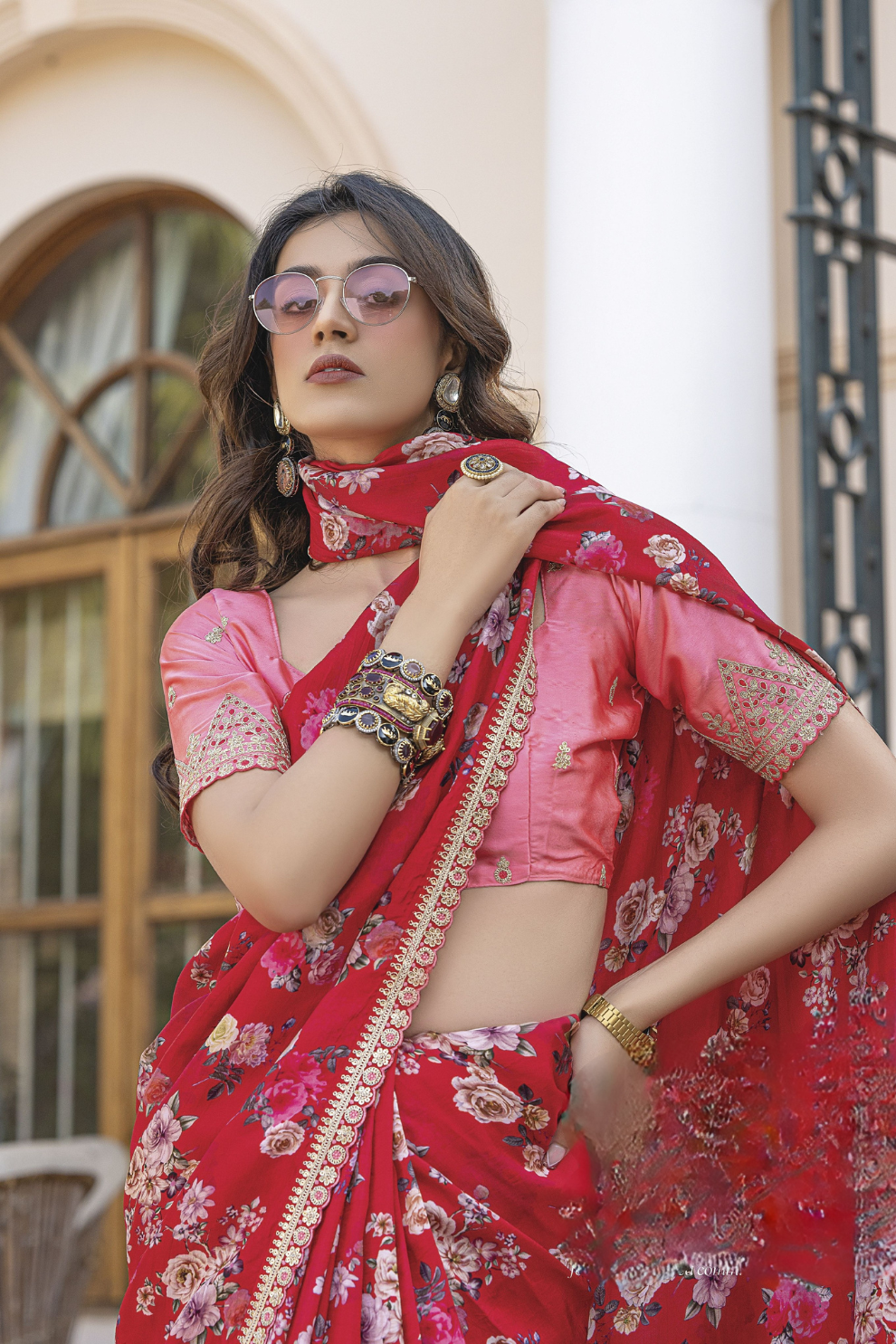 Pure Viscose Dola Silk Saree with Floral Print - LaVante Fashion