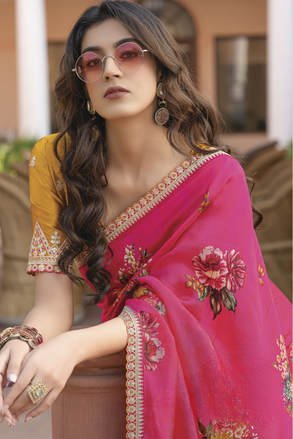 Pure Viscose Dola Silk Saree with Floral Print - LaVante Fashion