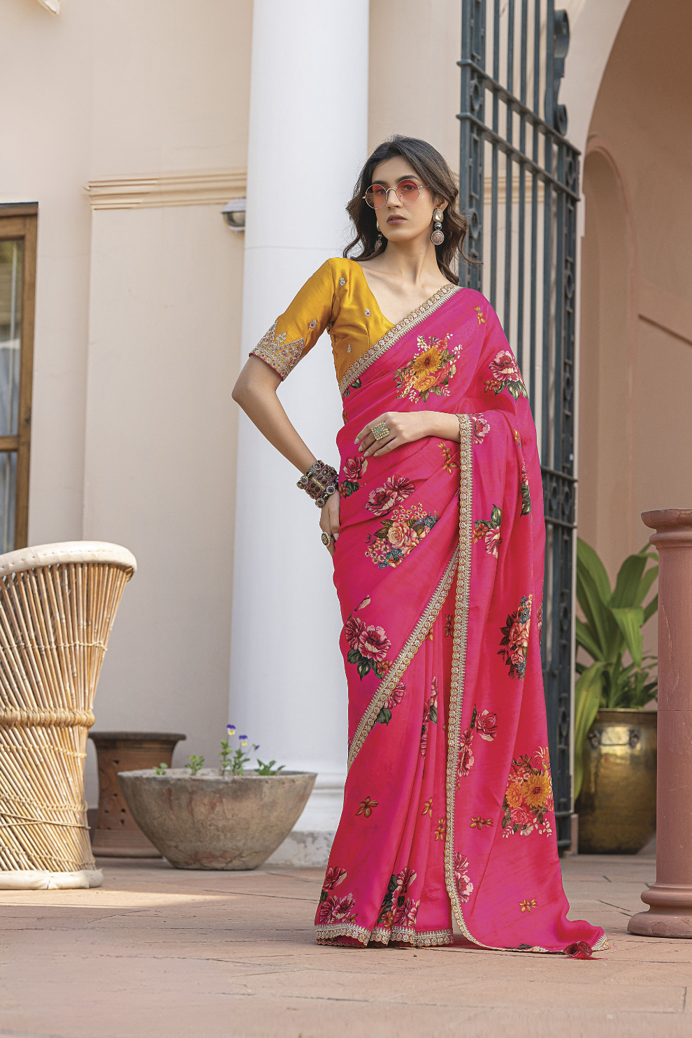 Pure Viscose Dola Silk Saree with Floral Print - LaVante Fashion