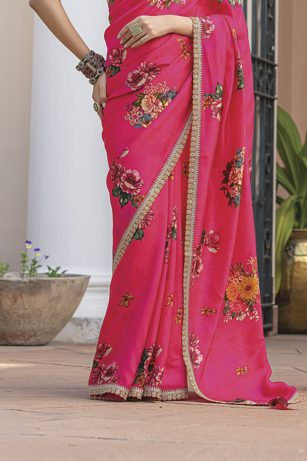 Pure Viscose Dola Silk Saree with Floral Print - LaVante Fashion