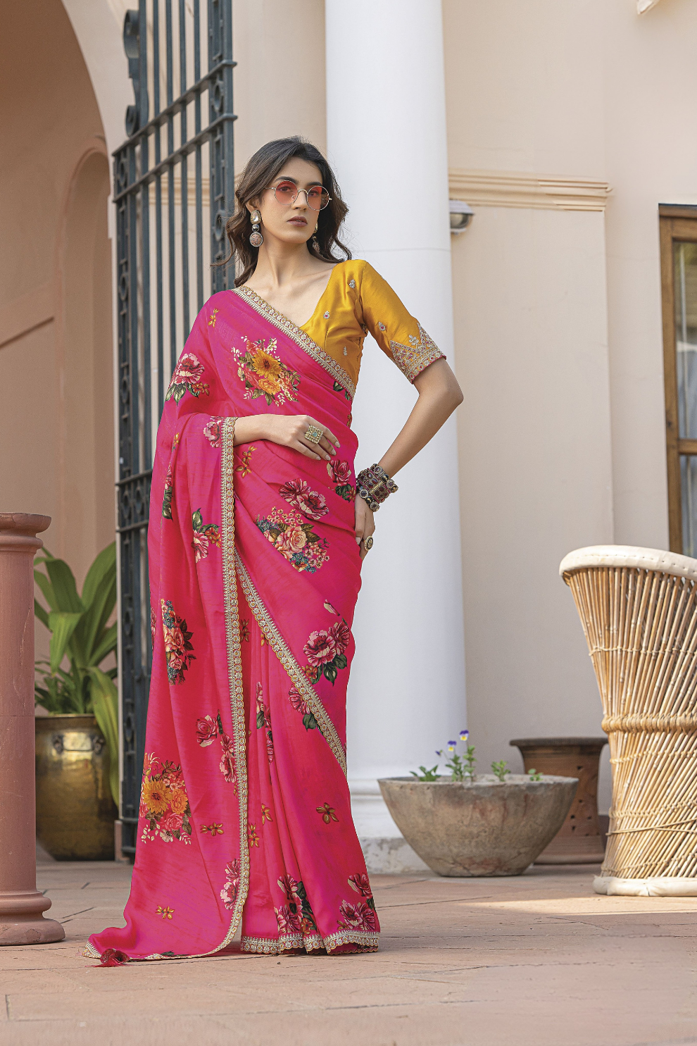 Pure Viscose Dola Silk Saree with Floral Print - LaVante Fashion
