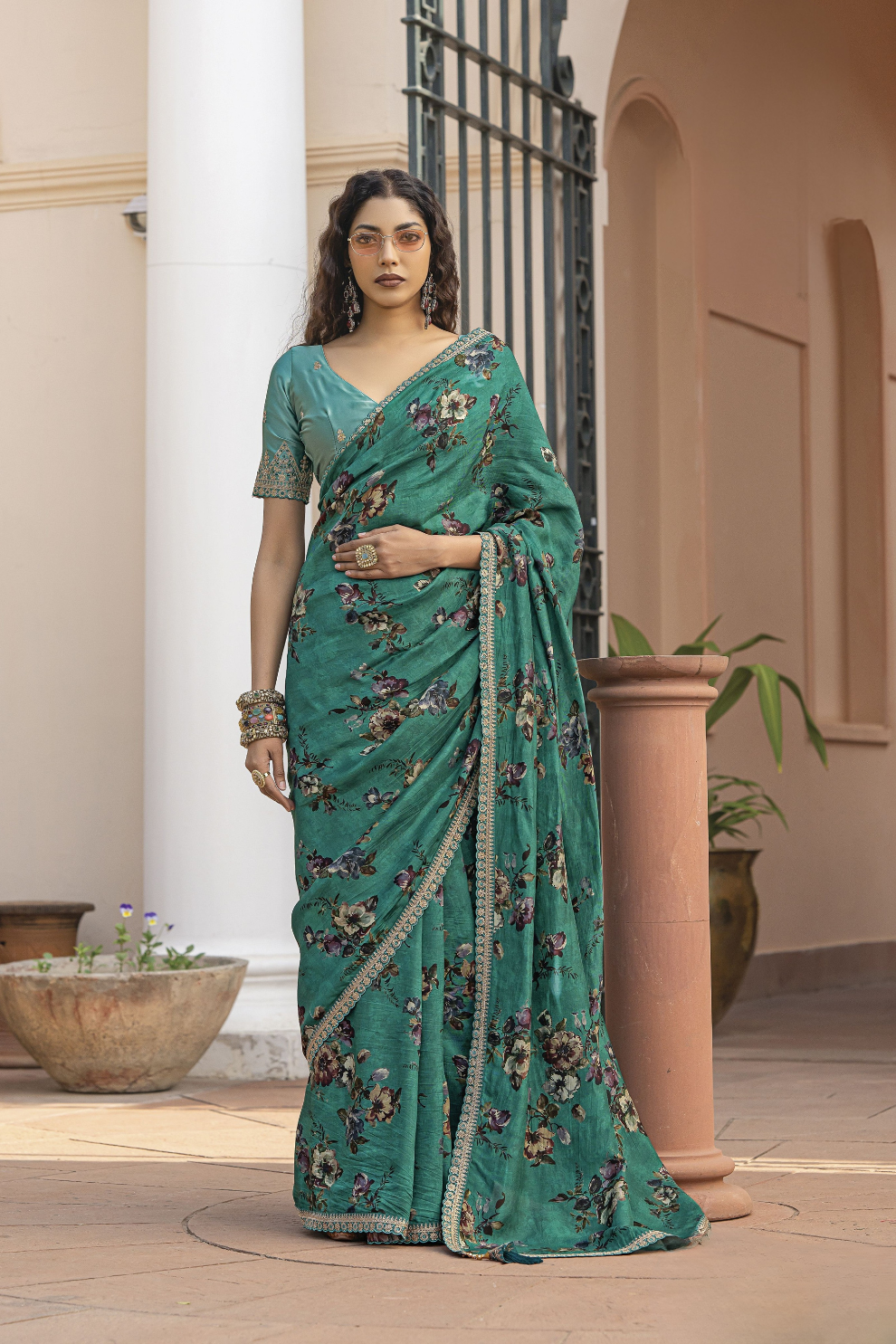 Pure Viscose Dola Silk Saree with Floral Print - LaVante Fashion