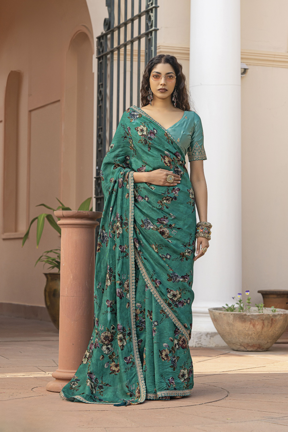 Pure Viscose Dola Silk Saree with Floral Print - LaVante Fashion