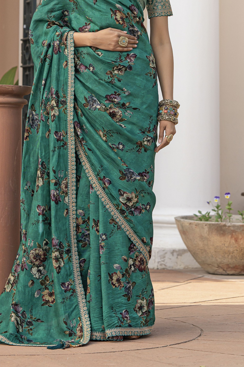 Pure Viscose Dola Silk Saree with Floral Print - LaVante Fashion