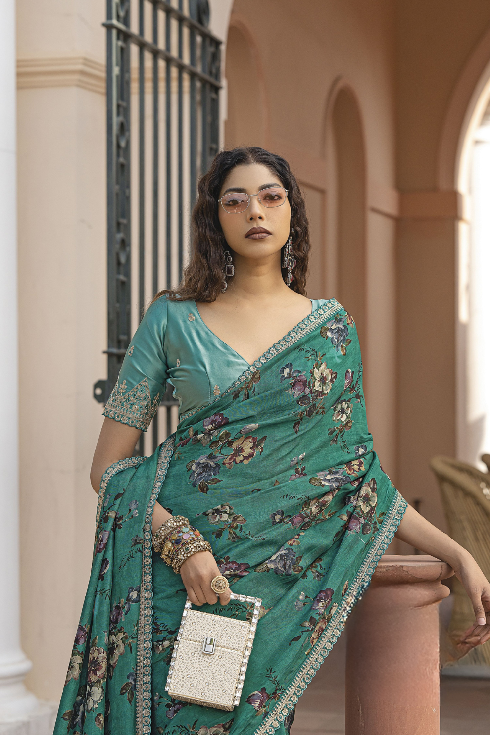 Pure Viscose Dola Silk Saree with Floral Print - LaVante Fashion