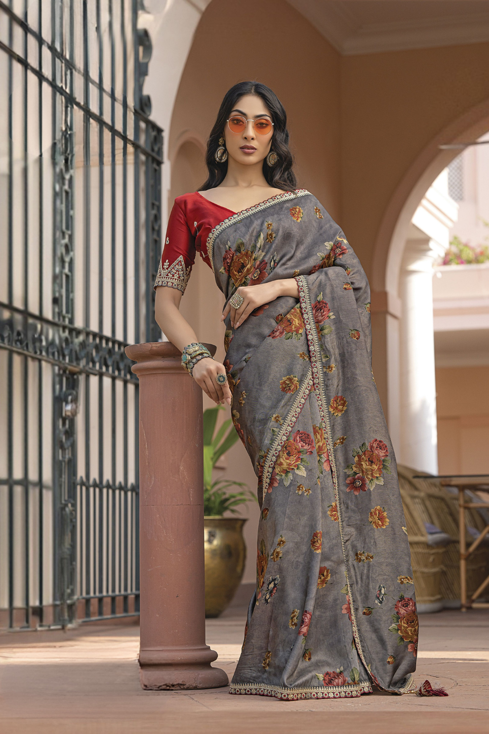 Pure Viscose Dola Silk Saree with Floral Print - LaVante Fashion
