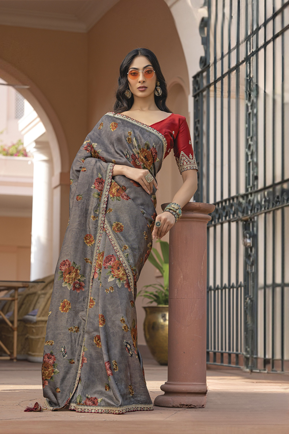 Pure Viscose Dola Silk Saree with Floral Print - LaVante Fashion