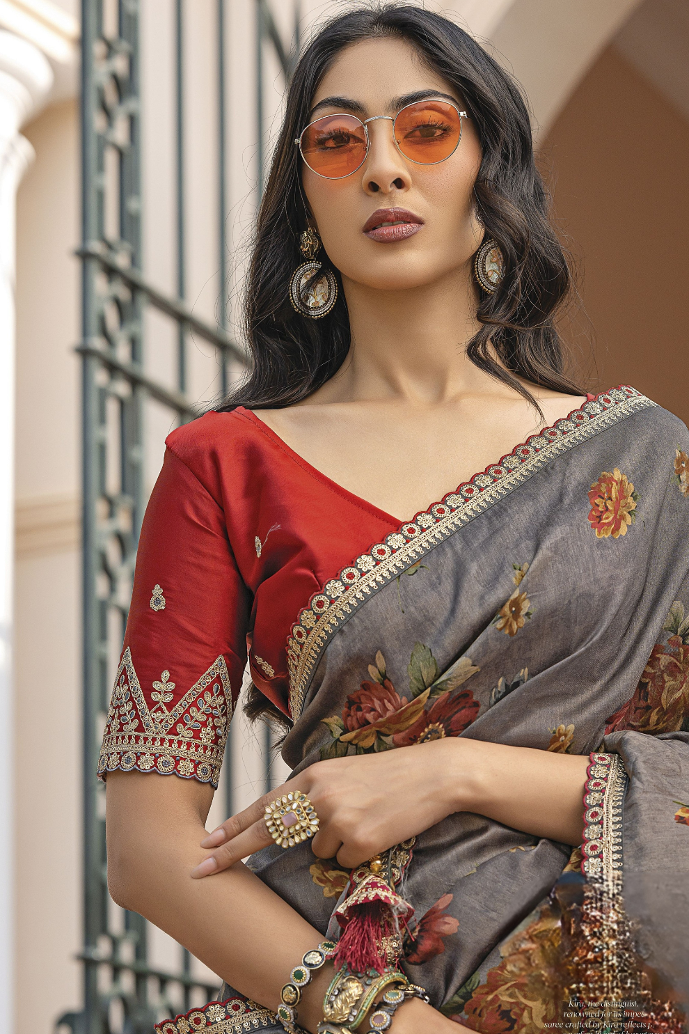 Pure Viscose Dola Silk Saree with Floral Print - LaVante Fashion