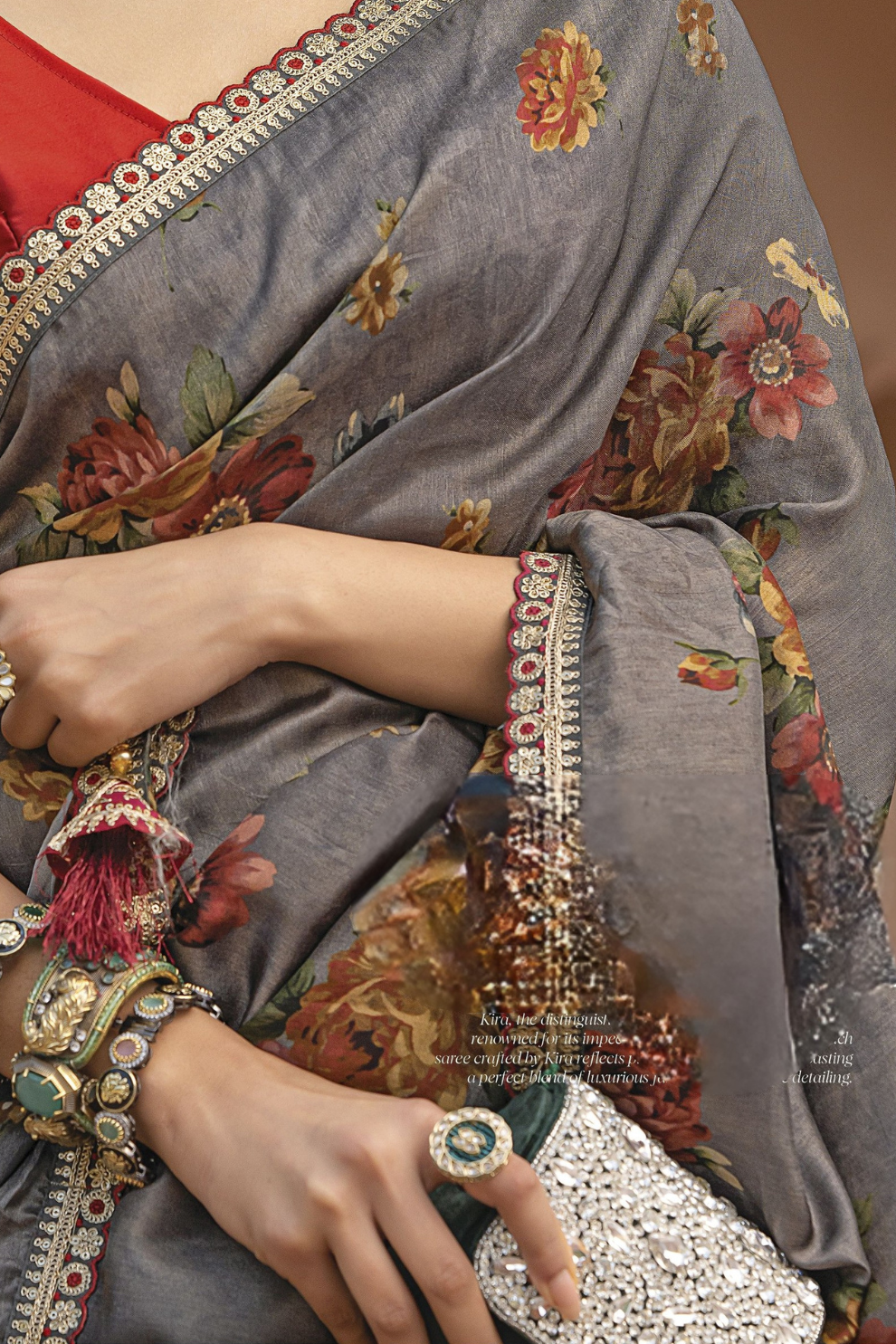 Pure Viscose Dola Silk Saree with Floral Print - LaVante Fashion