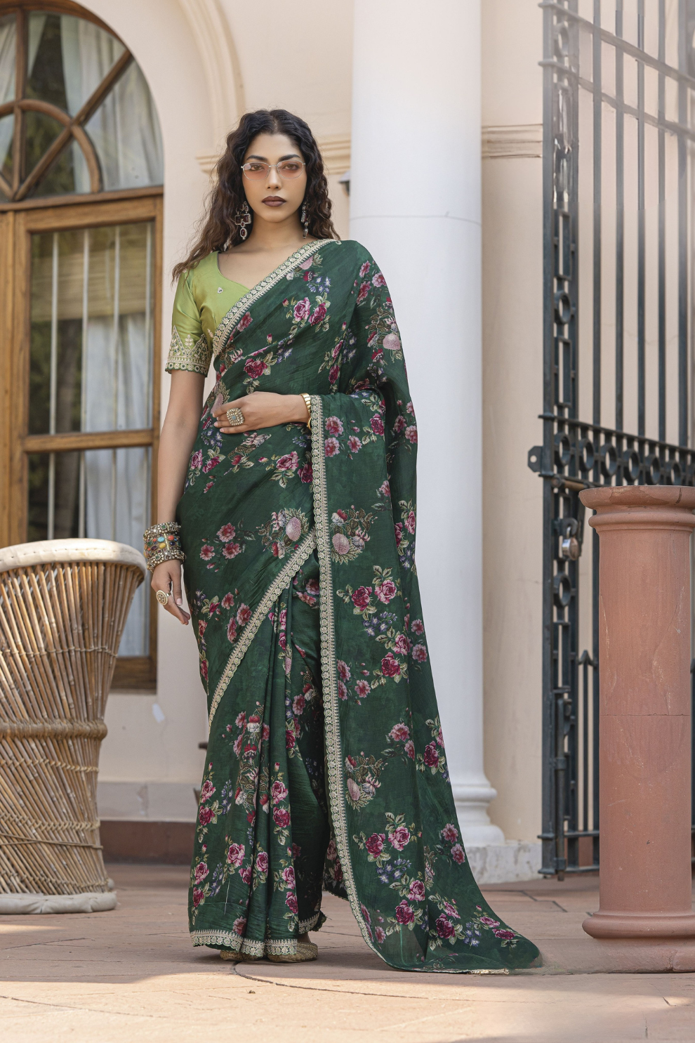 Pure Viscose Dola Silk Saree with Floral Print - LaVante Fashion