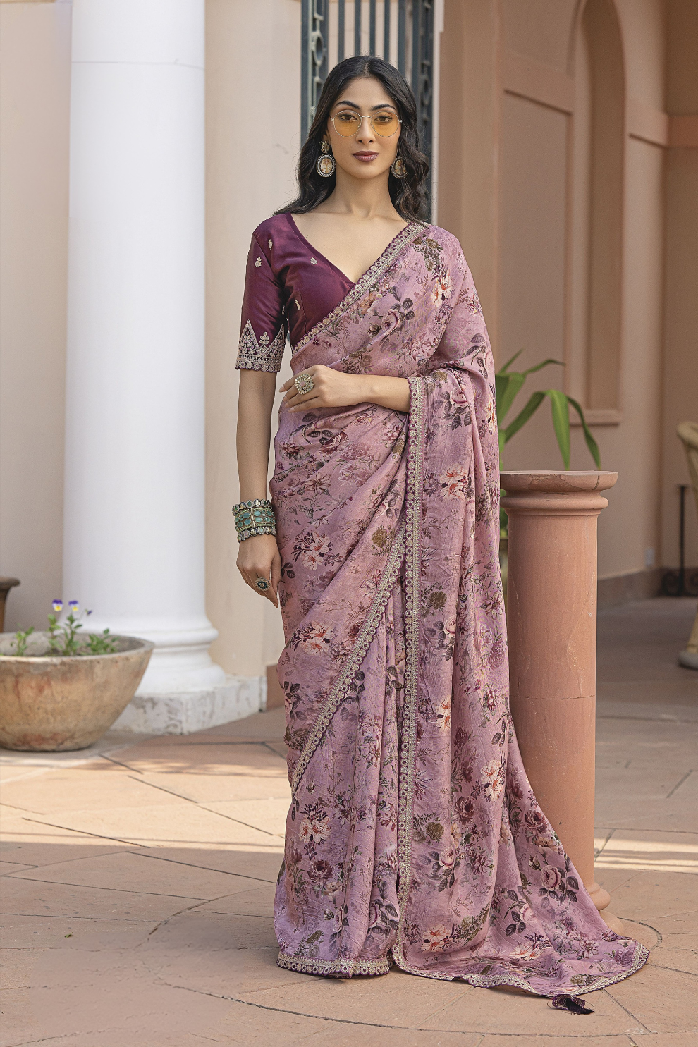 Pure Viscose Dola Silk Saree with Floral Print - LaVante Fashion