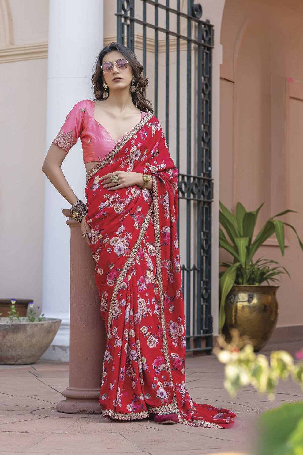 Pure Viscose Dola Silk Saree with Floral Print - LaVante Fashion