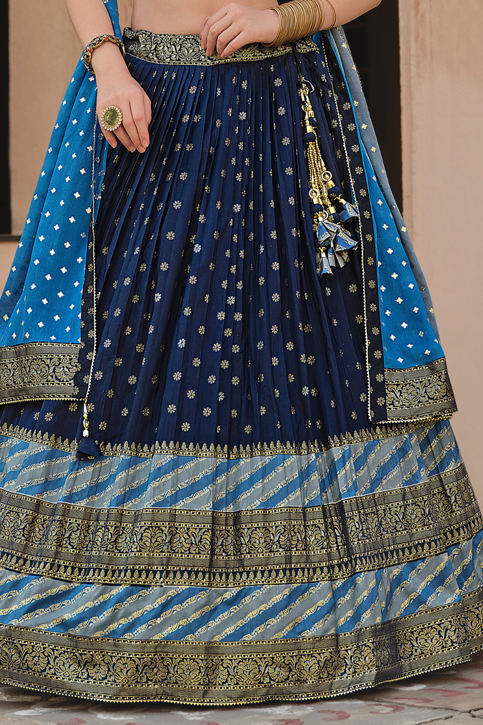 Navy Blue Printed Silk Readymade Lehenga Choli - LaVante Fashion