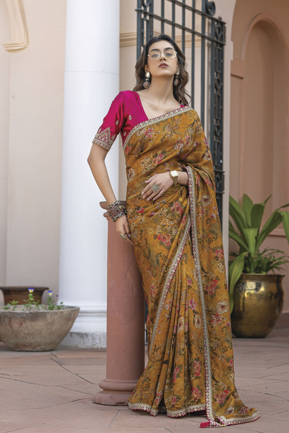 Pure Viscose Dola Silk Saree with Floral Print - LaVante Fashion