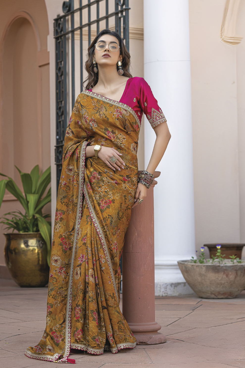 Pure Viscose Dola Silk Saree with Floral Print - LaVante Fashion
