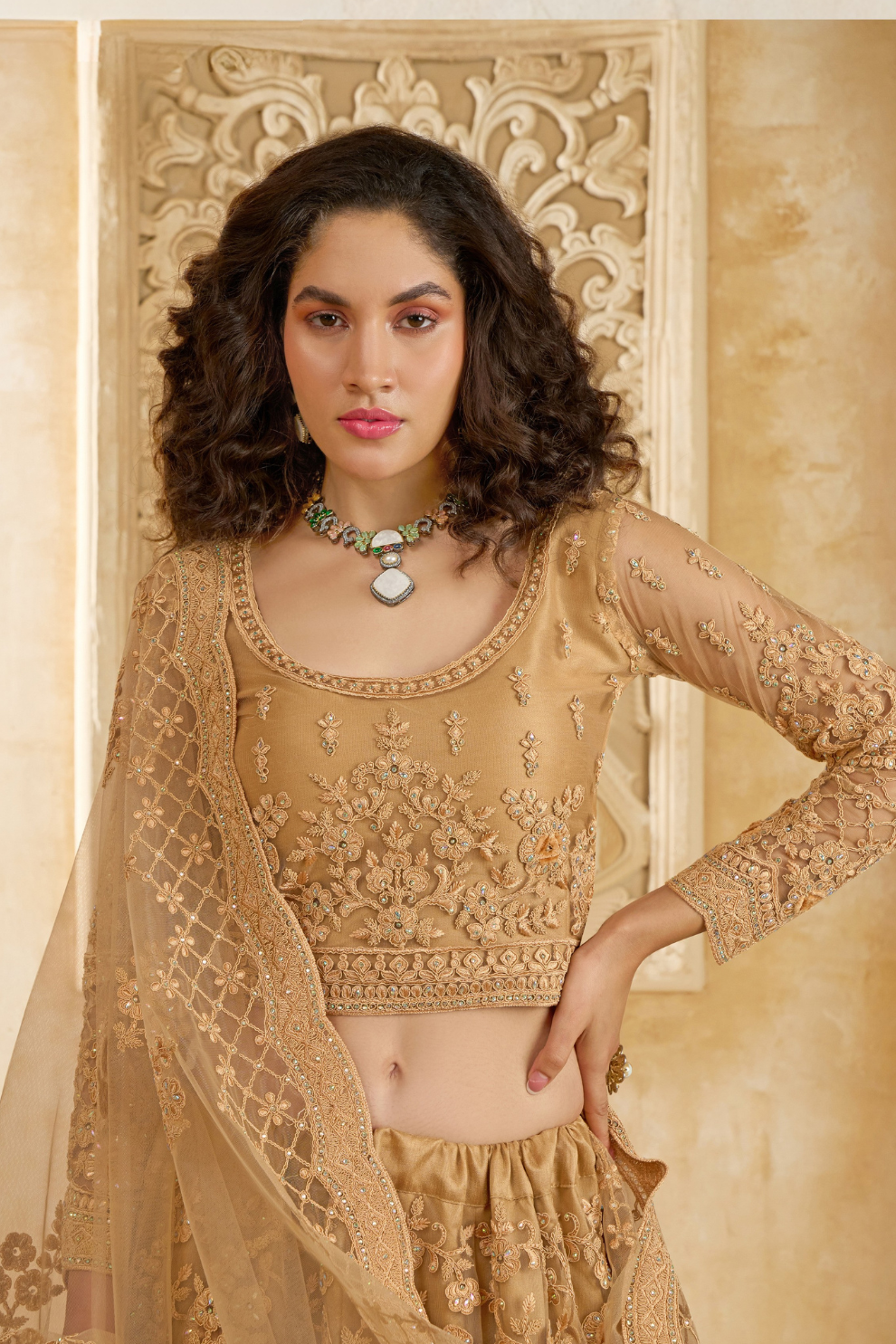 Festive Golden Lehenga Choli Set With Heavy Threadwork