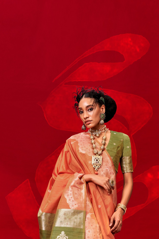 Tussar Silk Handloom Saree with Contrast Ikkat Pallu & Blouse