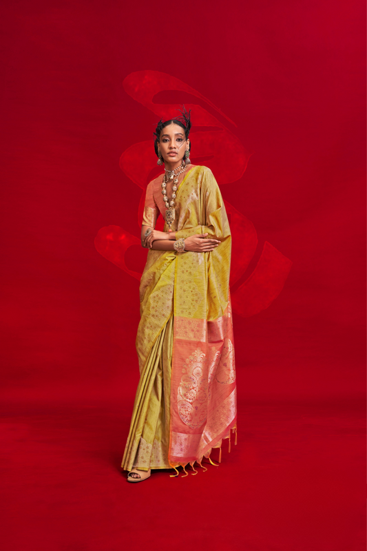 Tussar Silk Handloom Saree with Contrast Ikkat Pallu & Blouse