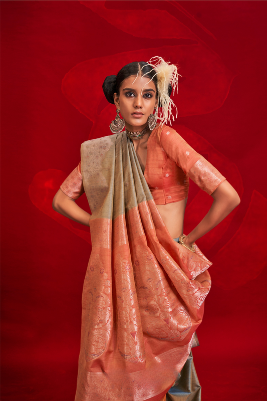 Tussar Silk Handloom Saree with Contrast Ikkat Pallu & Blouse