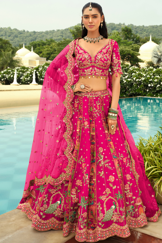 Rani Pink Silk Bridal Lehenga with Peacock Embroidery & Cut-Work Border