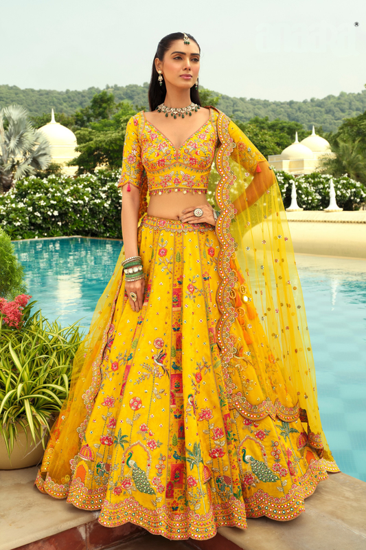 Radiant Yellow Silk Lehenga with Mirror Accents and Scalloped Dupatta