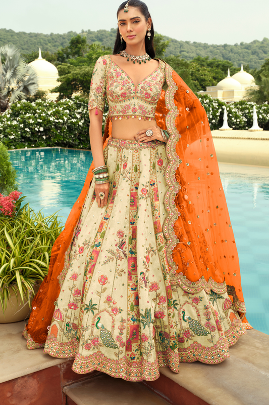 Cream & Orange Silk Peacock Embroidery Bridal Lehenga Choli