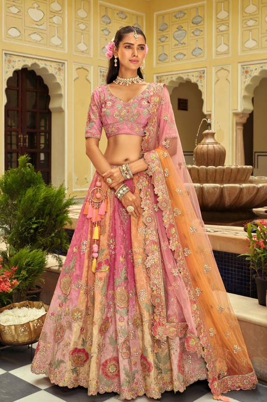 Pastel Pink and Peach Dual-Tone Silk Lehenga with Floral Thread Embroidery