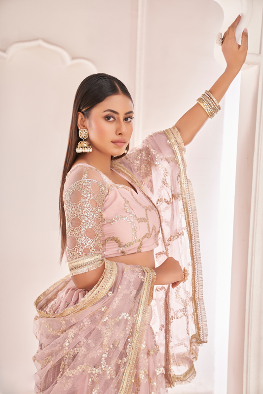 Elegant Net Lehenga Choli with Intricate Thread Embroidery