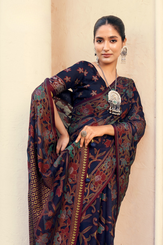 Polyester Viscose Georgette Saree With Luxuriously Soft Varnish Touch
