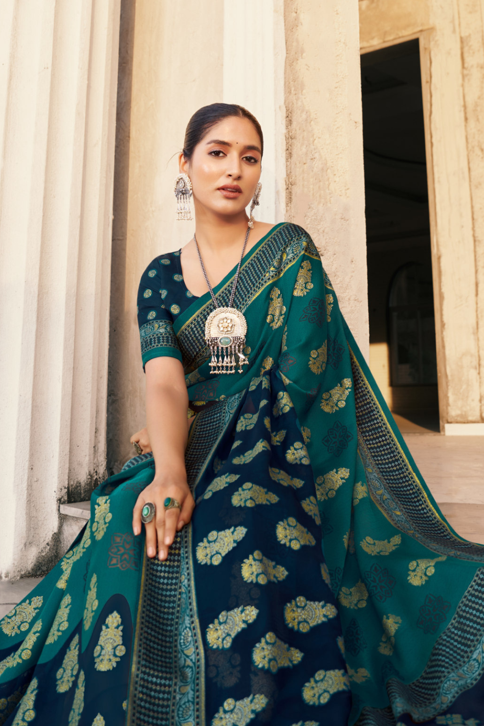 Polyester Viscose Georgette Saree With Luxuriously Soft Varnish Touch