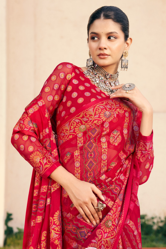 Polyester Viscose Georgette Saree With Luxuriously Soft Varnish Touch