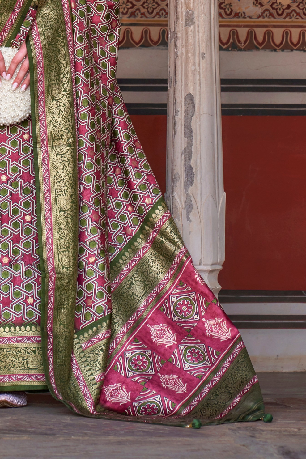 Designer Mercerized Silk Saree with Ajrakh-Batik Fusion and Golden Print