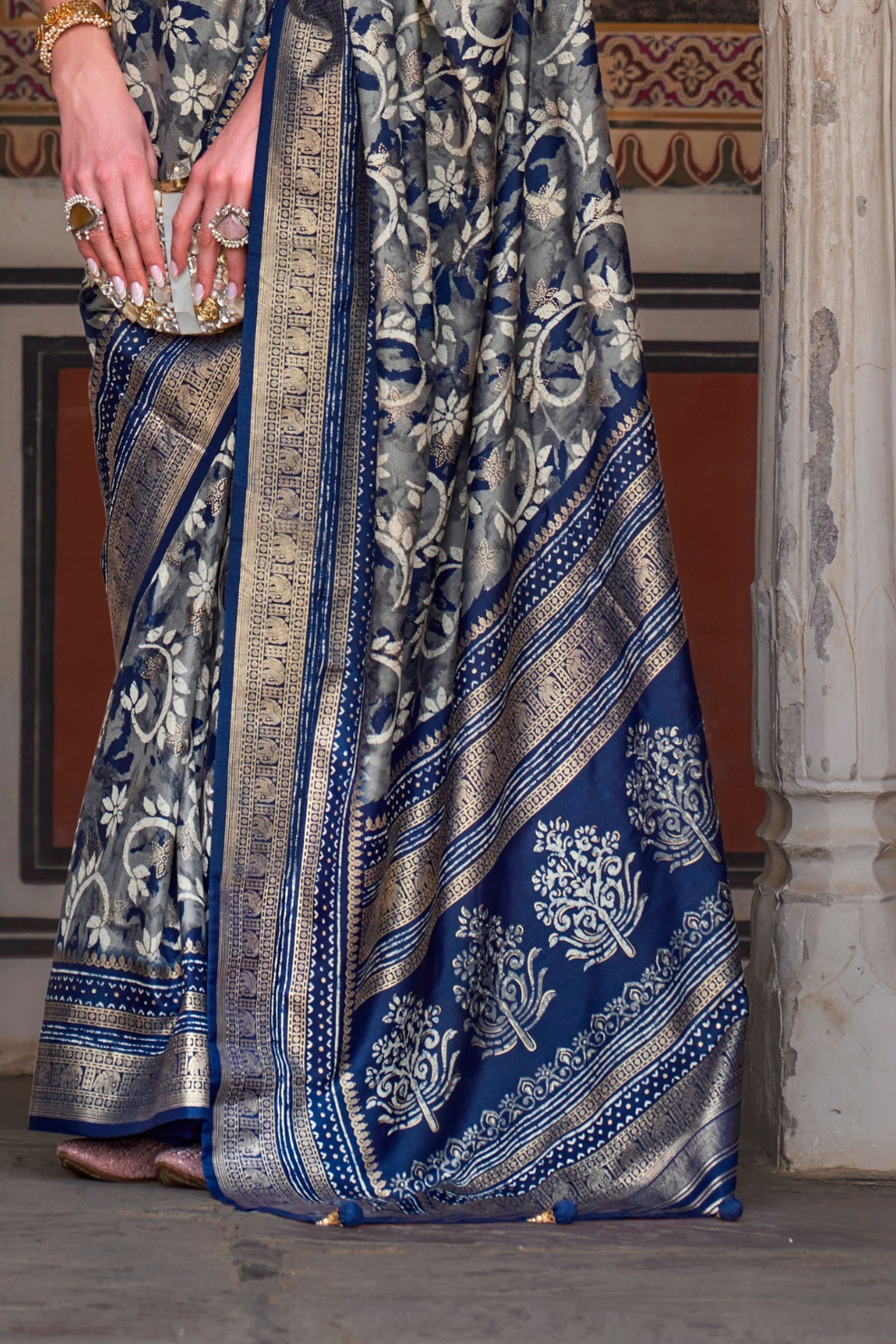 Designer Mercerized Silk Saree with Ajrakh-Batik Fusion and Golden Print