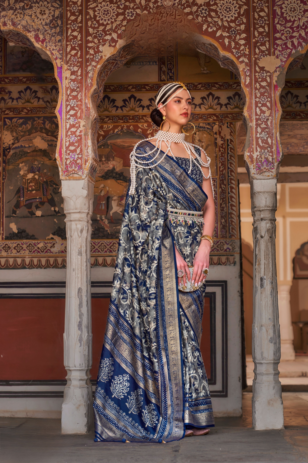 Designer Mercerized Silk Saree with Ajrakh-Batik Fusion and Golden Print